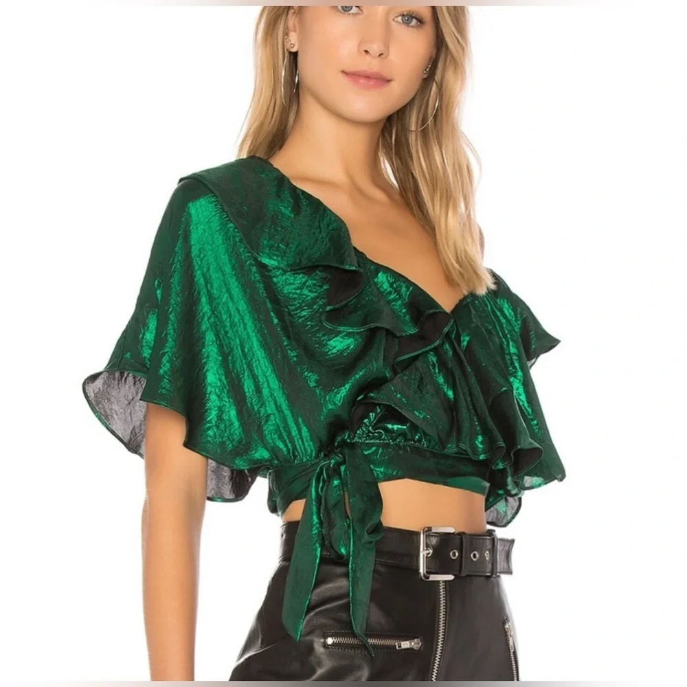 House of Harlow 1960 Revolve Azalea Shimmering Green Off-Shoulder Blouse 🟢 - Picture 1 of 8